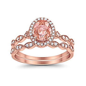 Halo Bridal Set Piece Oval Rose Tone, Simulated Morganite CZ Ring 925 Sterling Silver